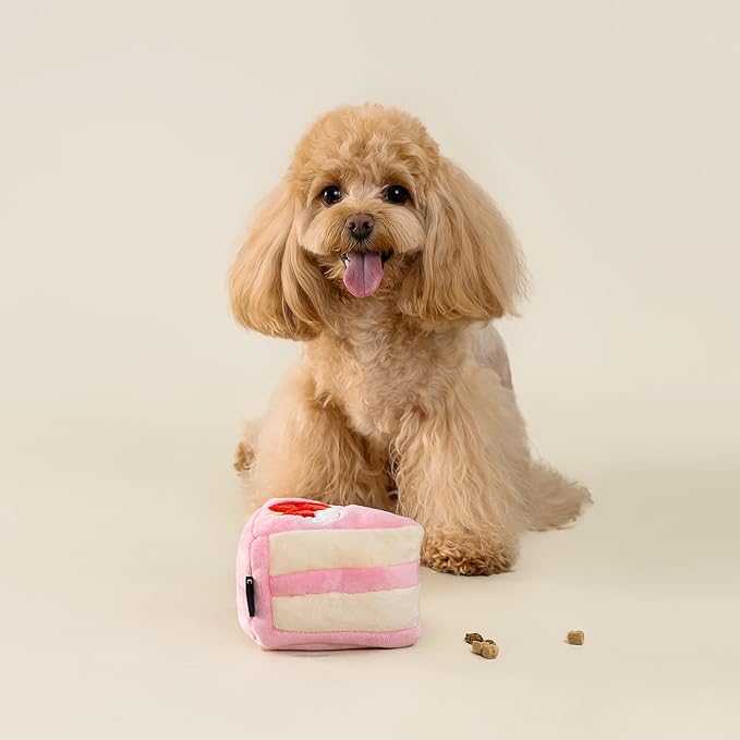 Dog Birthday Enrichment Toys, Interactive Puppy Puzzle Toy, Crinkle Squeaky Puppy Toy for Boredom, Strawberry Cake Snuffle Toys for Mental Stimulation for All Dog Sizes