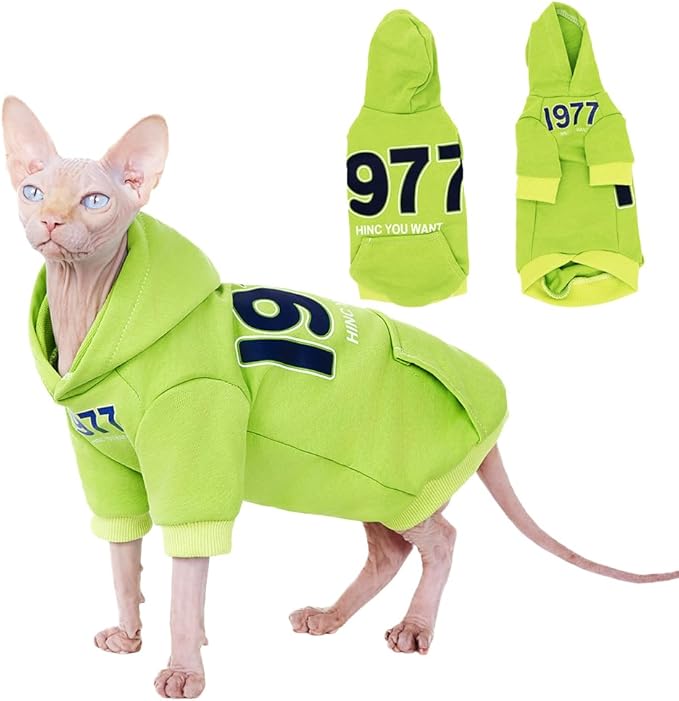 Sphynx Cat Hoodie Sweater, Thick Warm Stratch Soft Cat Hoodie Jacket,Two Legged Warm Fleece Hoodie for cat,Autumn Winter Clothes for Kitten Small Dogs (Bright Green, M (3-5lbs))