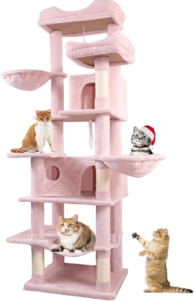 68 Inches Multi-Level Large and Tall Cat Tree Tower for Indoor Cats/Removable Pad/Cat Condo/Sisal Scratching Posts/Hammock/Cat Activity Center/Wide Base Pink