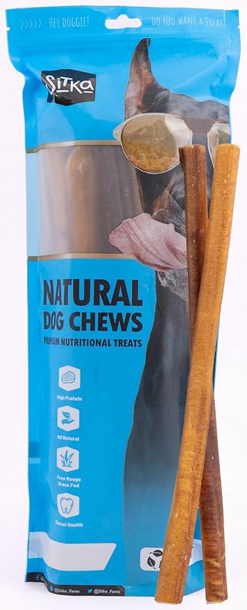 Sitka Farms Bully Sticks 12 inch - (10 Count) Long Lasting Dental Dog Chew Treats - All Natural Free-Range Grass-Fed Beef, Bully Sticks for Puppies Grain & Rawhide Free Chews
