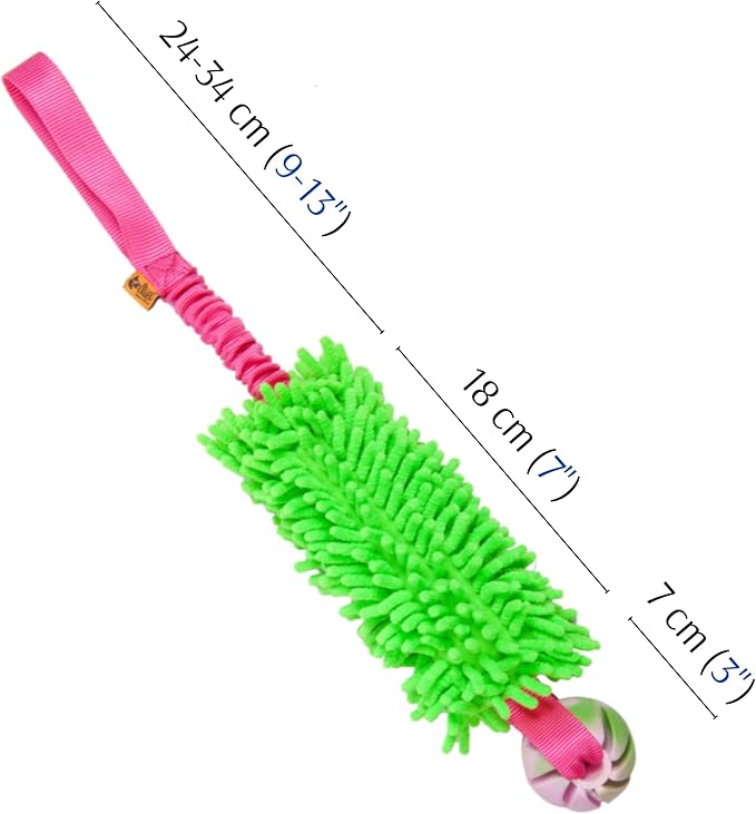 Dingo Dog tug of war toy for outdoor play traning agility,cuddly and shaggy plush tug toy for motivation and fun, soft nubby-textured noodle plush with bungee shock absorber and rubber ball green15589