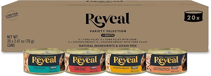 Reveal Natural Wet Canned Cat Food, Limited Ingredient, Grain Free, High Protein with No Artificial Additives, Fish and Chicken Variety in Broth (20 x 2.47 oz Cans)