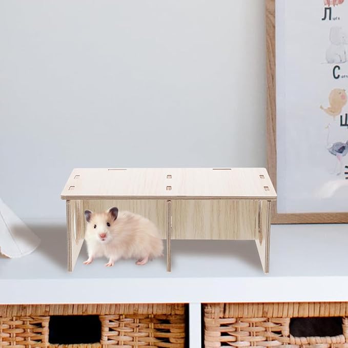 Hamster Solid Wood Hide House Two Room Pet Hideout Safe Non Nail Design Polished Natural Wood Hamster Cage Decor Yellow 8.26X4.33X3.14 Inch