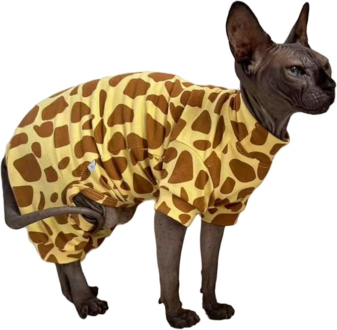 Sphynx Cat Four Leg Cotton Pajamas Elastic Pet Clothes for Hairless Cats Surgery Recovery Suit Undershirt Thermal Clothes for Sphynx, Devon, Cornish (Giraffe, L)