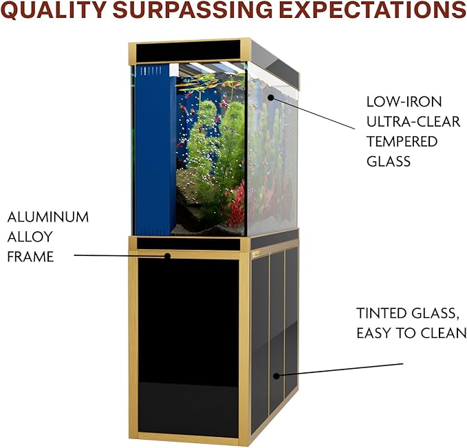 175 Gallon Aquarium Fish Tank with Upright Fishtank Stand Water Pump Freshwater Filter LED Bundle and Straight Corners Clear Glass - Black with Gold Trims