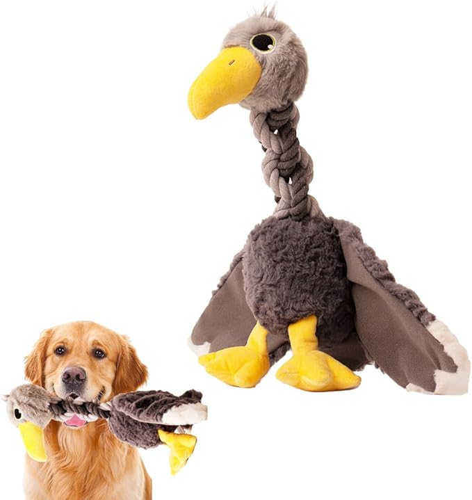 Squeaky Dog Toys for Large and Medium Breeds and Pupplies, Stuffed Doggy Chew Toys with Crinkle Paper and Durable Ropes, Soft Tug Plush Dog Toys for Teething (Grey Bird)