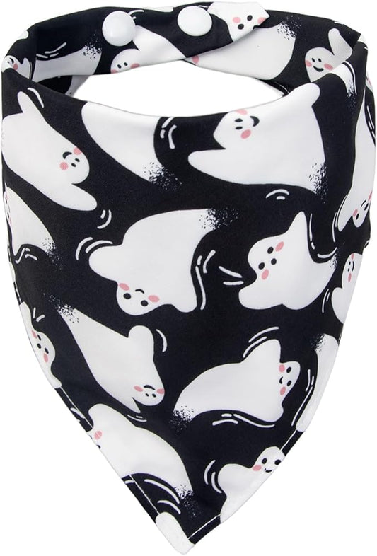 Dog Halloween Costumes Bandanas Black Ghost Spooky Holiday Bandana with Snap Button, Triangle Cat Neck Scarf, 5-30lbs, Small and Medium Breed