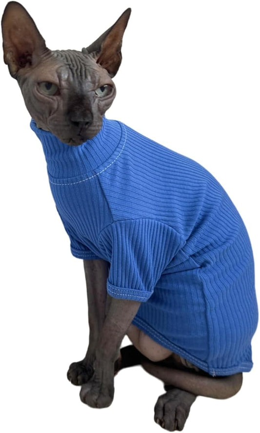 Sphynx Cats Shirt Cat Turtleneck Cotton Sweater Pullover Kitten T-Shirts with Sleeves Cat Pajamas Jumpsuit for Sphynx Cornish Rex, Devon Rex, Peterbald (Small, Deep Blue)