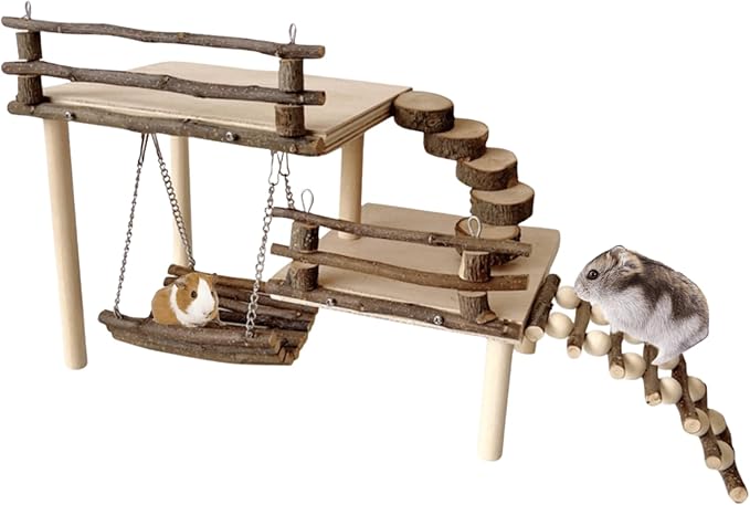 Hamster Climbing Toys DIY Natural Wooden Playing Platform with Swing Apple Wood Hamster Playground with 2 Platform, 5 Steps Ladder and 6 Steps Bridge Small Animal Chewing Toys for Gift