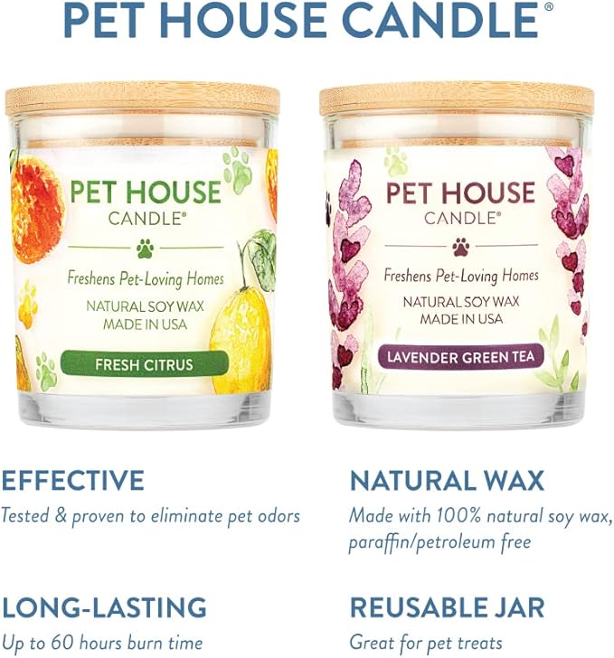 One Fur All Pet House Candle 2 Pack - Plant-Based/Soy - Clean Burning Scented, Long Lasting Pet Odor Candle for Home - Fresh Citrus, Lavender Green Tea