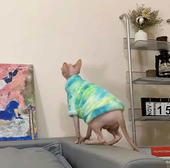 Sphynx Cat Warm Turtleneck Sweater, Thick Soft Double-Sided Fleece Clothes for Cats, Two-Legged Winter Onesie for Cats and Small Dogs,Pjs for Cats and Puppy (Green Tie-dye, S (2-3.5lbs))