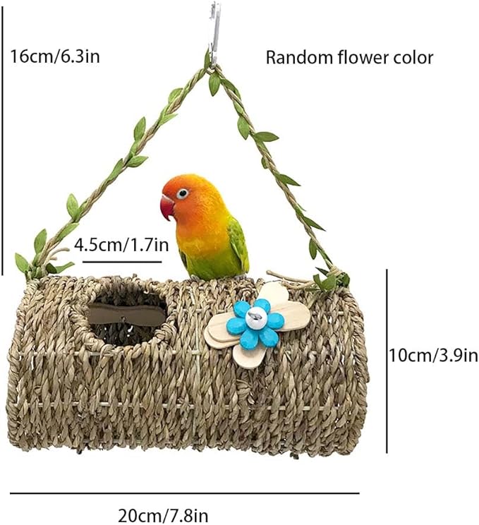 Seagrass Bird House Sea Grass Tent Parrot Tunnel with Holes and Lovely Flower Decor Natural Hanging Hammock Swing Nest Bird Snuggle Hut Toy for Hamster Lovebird Budgie Random Color