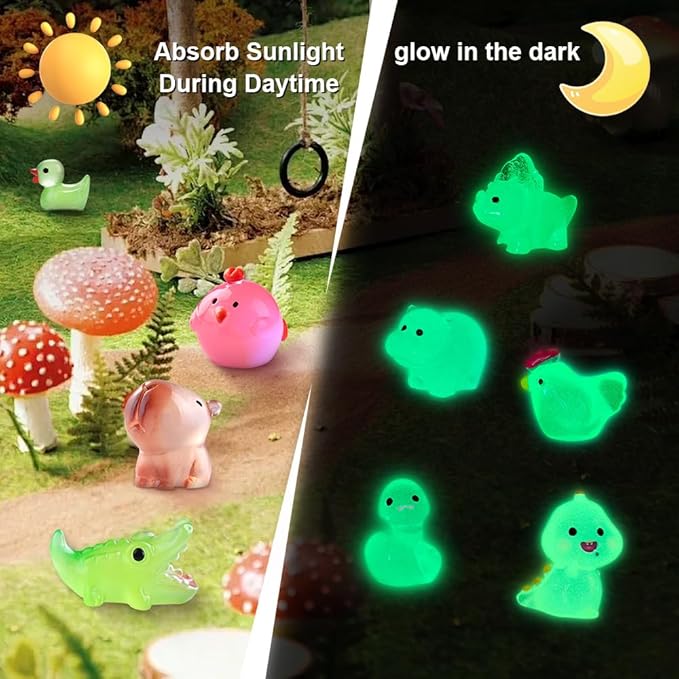 60PCS Luminous Mini Resin Animals 60 Styles Miniatures Glow in The Dark Tiny Little Figures to Hide Small Duck Figures for Party Favors Bag Fillers Garden Dollhouse Decor