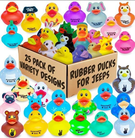 Rubber Ducks with 5 Fun Themed Logos for Jeep Ducking – 25 Pack of Assorted Mini Duckies with Variety Designs for Off-Road Duckers, Trail Gifting, Dashboard and 4x4 Fun, Bulk Rubber Duck for Adults