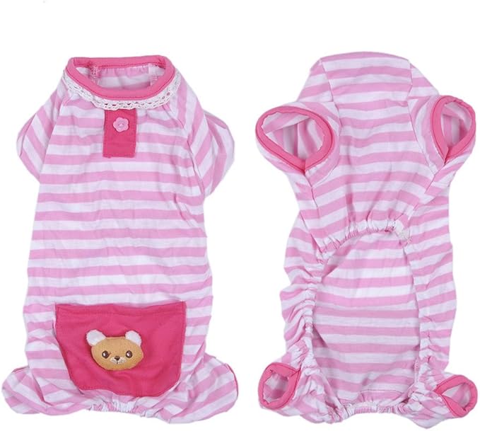 Pet Dog Pajamas Soft Cotton Shirt Jumpsuit Cute Overall Doggy Cat Strip Clothes Comfortable Apparel for Play Sleep