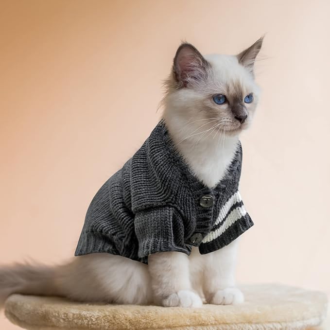 EXPAWLORER Cat Sweater Cardigan - Stylish Knitted Cat Clothes, British Style Soft Puppy Sweater with Sleeve Warm Pet Clothing Knitwear, Fall and Winter Kitten Coat for Girl Boy Cats, Grey Small