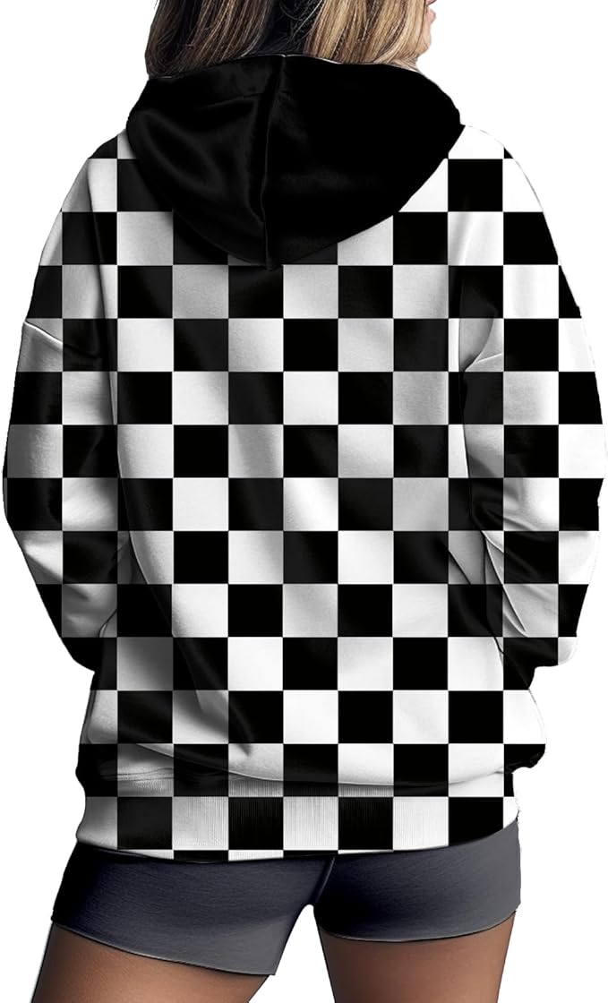 Womens Zip Front Plaid Sweatshirts Print Hoodie Fall Jackets Long Sleeve Casual Drawstring Clothes