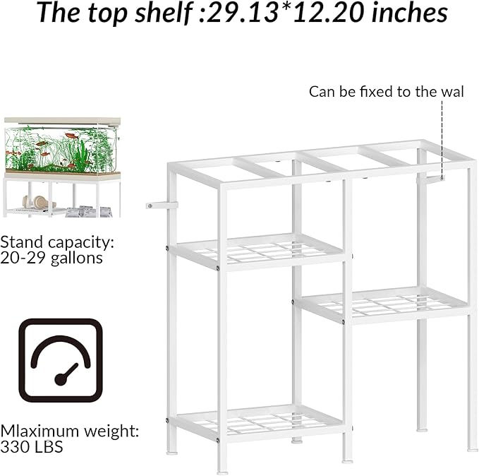 YBING Fish Tank Stand 20 Gallon Aquarium Stand Aquarium Turtle Tank Reptile Tank Stand with 3-Tier Small Metal Shelf (White)