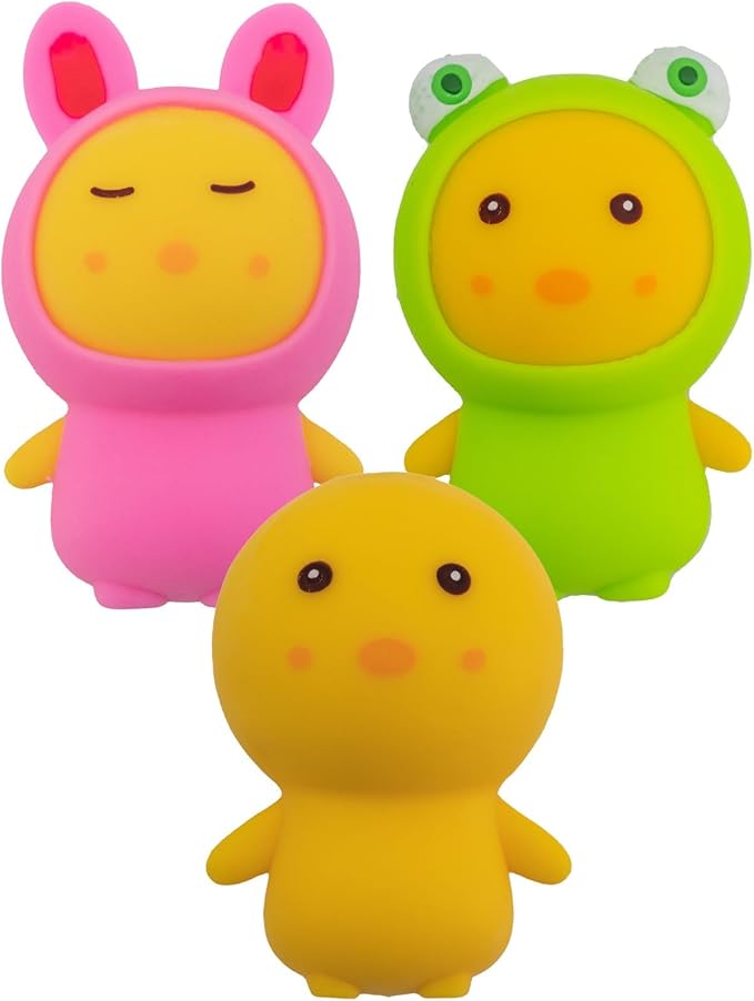 Farm Fresh Chick-in Costume Squeezable Toy – 2-Pack Yellow Chick Fidget Animals with Bunny & Frog Costumes – Soft Squishy Sensory Toys, Stress Relief Gift, Party Favors for Kids Ages 3+