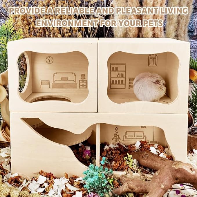 Hamster Hideout Wooden House,Hamsters Multi Chamber Hideout,Small Animal Habitat for Clear Observation,Hamster Toys for Dwarf Hamstersm,Gerbils, Hedgehogs, Rats, Mice(Bedroom)