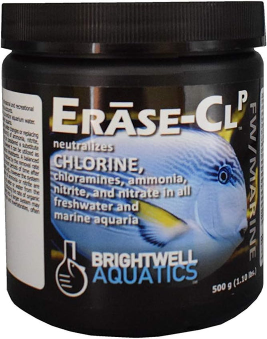 Brightwell Aquatics Erase CL P - Neutralizes Chlorine, Chloramines, Ammonia, Nitrite & Nitrate in Freshwater & Marine Aquariums, 500 ml