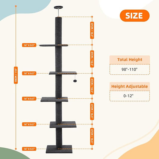 Cat Tree Floor to Ceiling Cat Tower 5-Tier Carpet Kitten Tree Cat Climbing Tower with Adjustable Height 98"-108", Tall Cat Trees with Platforms and Dangling Balls for Indoor Cats, Dark Grey