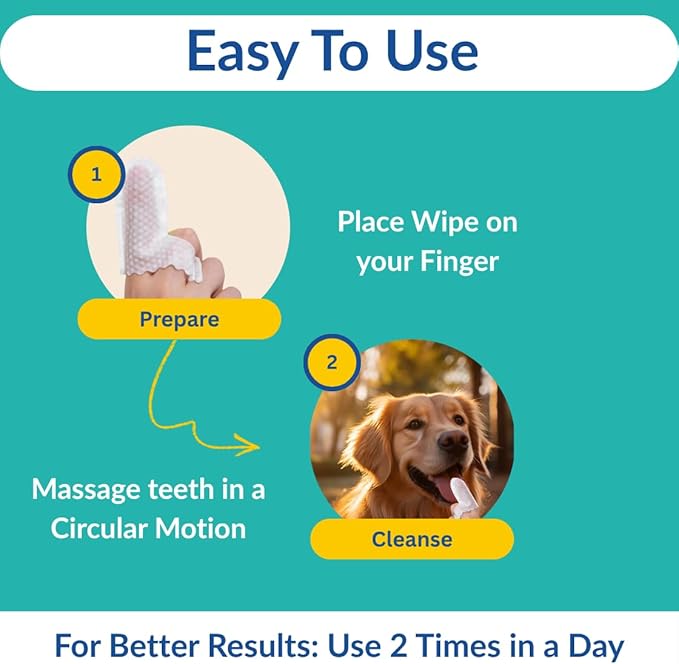 Vet Recommended Dog & Cat Dental Wipes – Teeth Cleaning Finger Wipes for Pets, Remove Plaque & Tartar, Freshen Breath, Easy Daily Oral Care – 50 Count