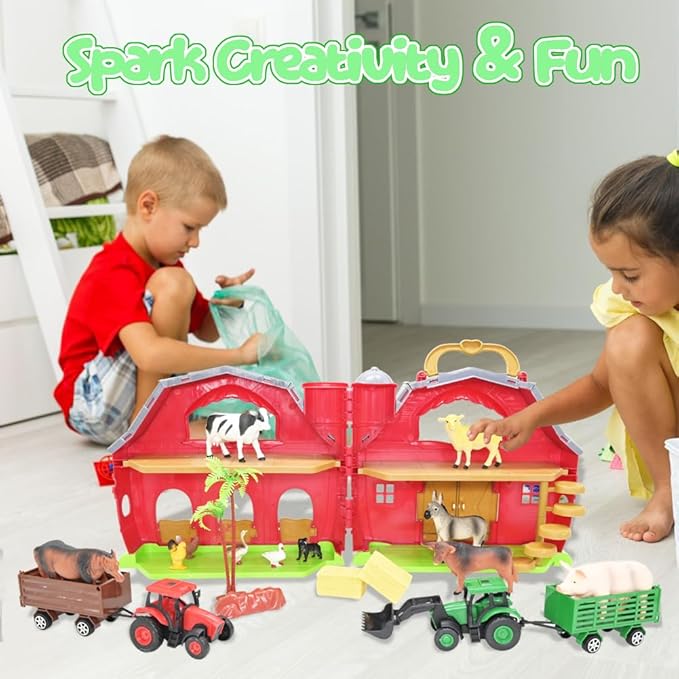 Farm Animals Big Red Barn Toy for 1 2 3 4 5 Years Old Toddlers, Kids Farm Figures Fence Playset with Tractor, Preschool Montessori Learning Toys, Christmas Birthday Easter Gift for Boys Girls