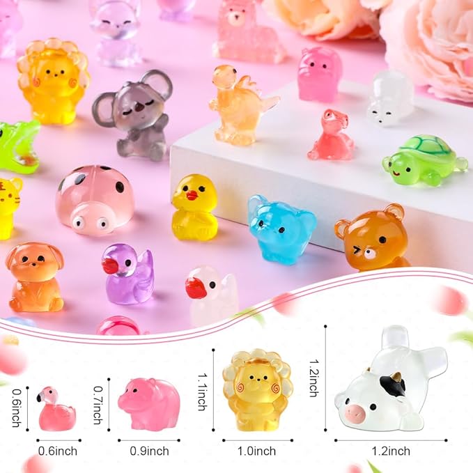 60PCS Luminous Mini Resin Animals 60 Styles Miniatures Glow in The Dark Tiny Little Figures to Hide Small Duck Figures for Party Favors Bag Fillers Garden Dollhouse Decor