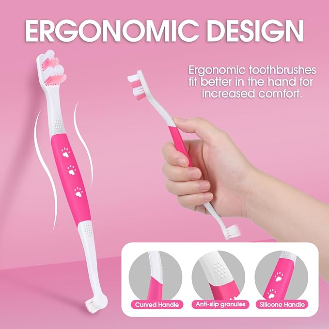 Dog Toothbrush – Newly Upgraded Dual-Head Design with 60° Wavy Bristles – Gently Surrounds Teeth for Deep Cleaning and Plaque Removal – Non-Slip Handle, Ideal for Daily Pet Dental Care (Pink, 6-Pack)