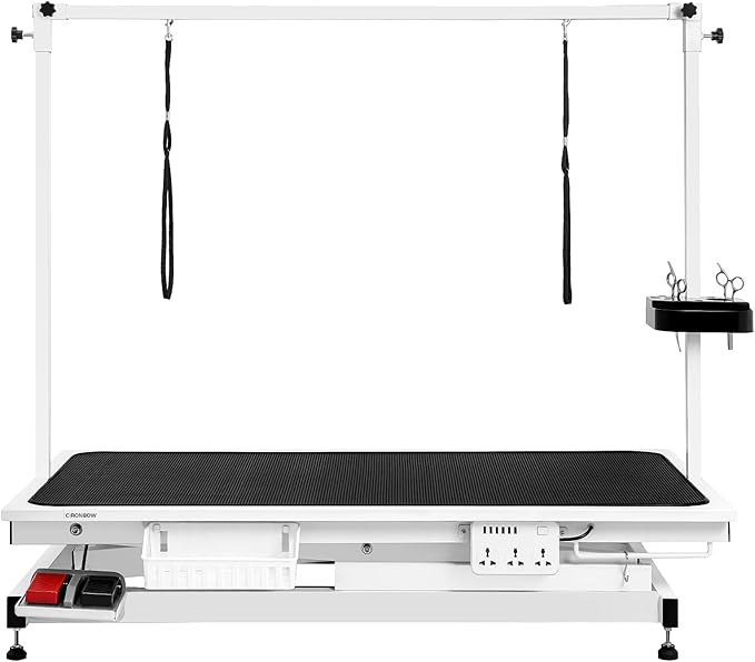 Electric Lift Pet Dog Grooming Table, 50Inch Height Adjustable Grooming Table for Large Dogs with Two Nooses, Wireless Remote, Tool Organizer, White