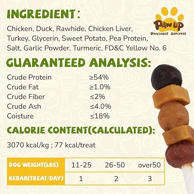 Dog Treats, Kabobs Chews Made with Sweet Potato, Turkey, Chicken & Duck, Rawhide Sticks for Dogs, Long-Lasting, High Protein Dog Treat for Small Medium Large Dogs, 12 Count
