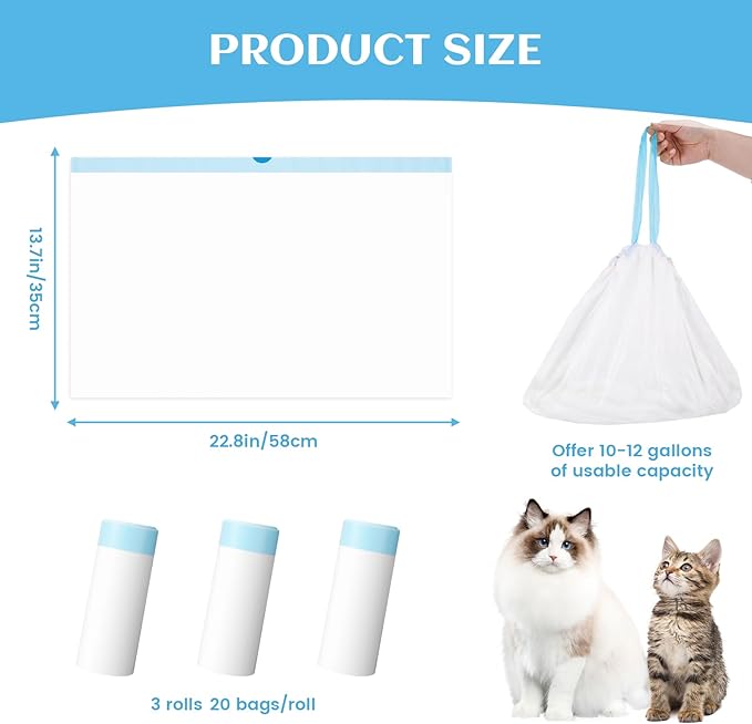 60 Count Self-Cleaning Cat Litter Box Liners Bag Compatible with Meowant MW-SC01/MW-SC02/MW-LR01, Heavy Duty Thick Drawstring Replacement Cat Litter Bags Self Cleaning Litter Box Bags 22 * 13"