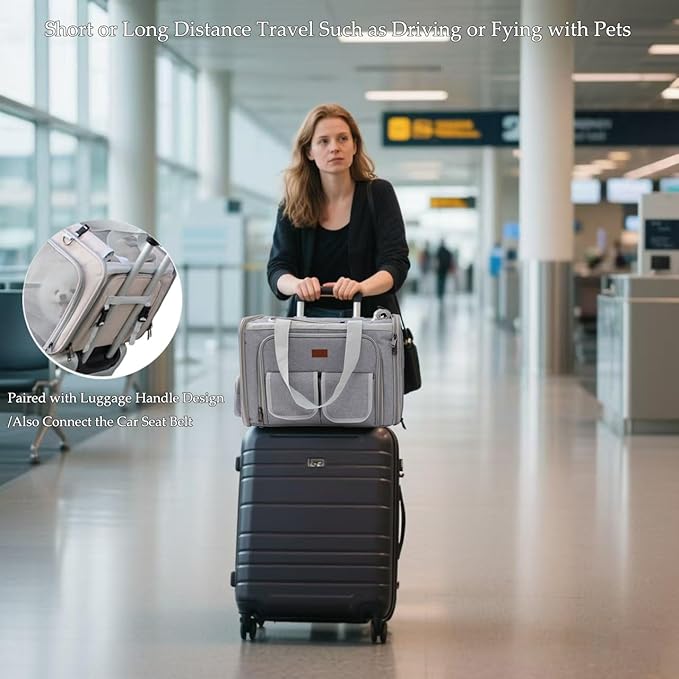 Dog Carrier Cat Carriers Grey Soft Pets Bag Airline Approved Dog Carrier for Small Dogs Carrier,2Sides Expand,Stylish Rabbit Bunny Pets Carriers Travel Outdoor Carry Kennel