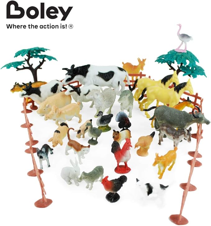 Boley Farm Animal Toy Bucket - 40 Piece Educational Playset with Horses, Cows, Roosters, Sheep, Fences, Trees - Perfect for Imaginative Play, Easy Storage, and Cleanup - Child Safe, Durable, and Fun