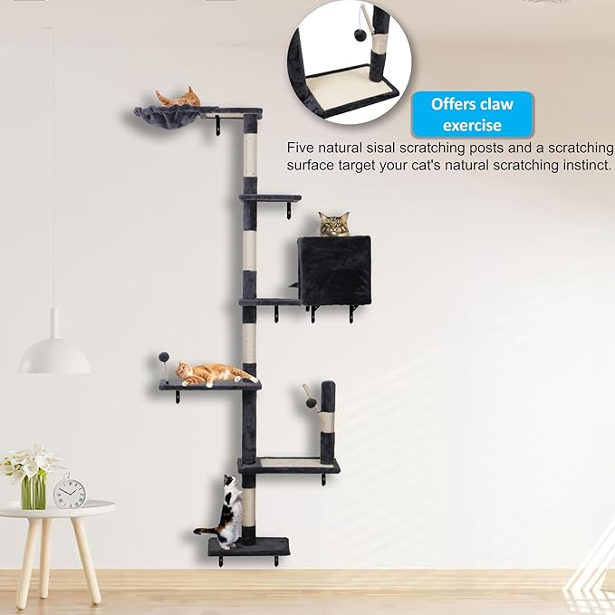 Cat Shelves for Wall,5-Tier Carpet Cat Climbing Tower with Scratching Post,Platforms，Dangling Balls,Condo，Suit for Cats Climb, Jump, Nap, Scratch-Dark