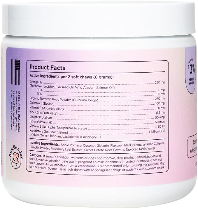 Glowing Skin and Coat Supplement for Dogs, 90 Soft Chews, Probiotics for Dogs with Colostrum, Omega 3 Fatty Acids, Salmon Oil, and Turmeric, Supports Seasonal Allergies & Itchiness