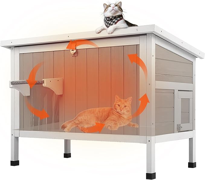 Insulated Cat House Outdoor Weatherproof Feral Cat Shelter for Winter, All-Round Foam Insulation Wooden Pet House for Small Animals with Escape Door,Openable Roof(34.5"L x 21.7"W x 25.6"H)