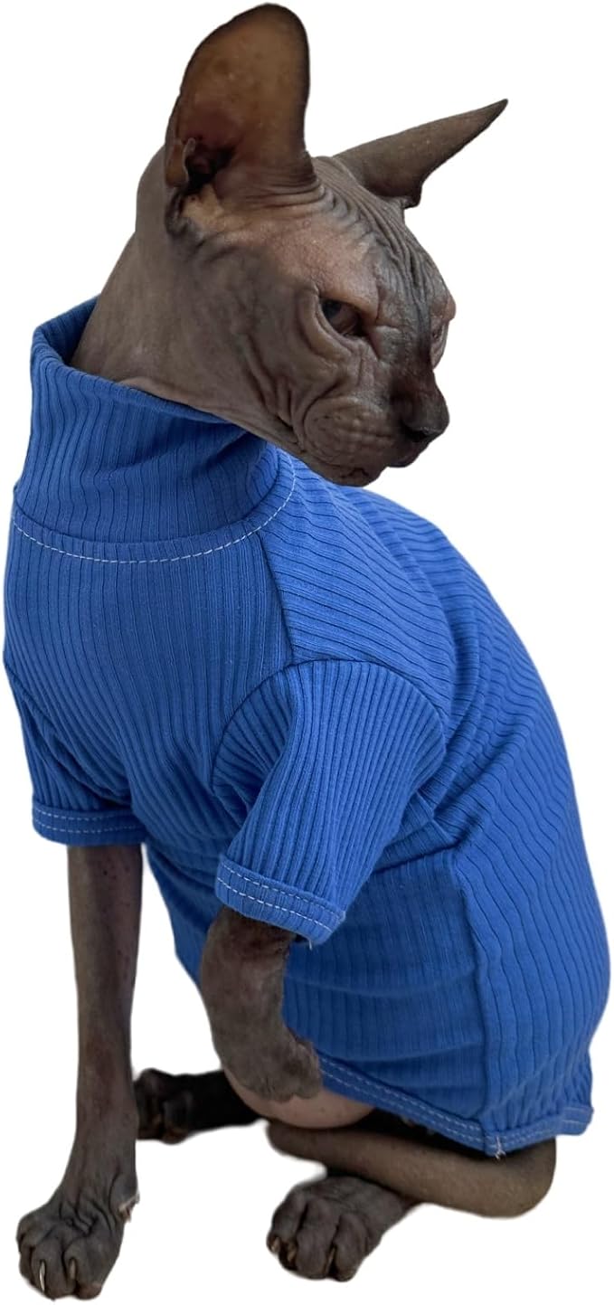 Sphynx Cats Shirt Cat Turtleneck Cotton Sweater Pullover Kitten T-Shirts with Sleeves Cat Pajamas Jumpsuit for Sphynx Cornish Rex, Devon Rex, Peterbald (Medium (Pack of 1), Deep Blue)