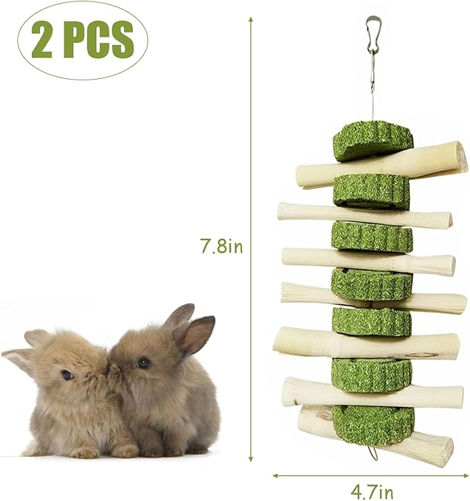 kathson Bunny Chew Toys for Teeth, Pet Snacks Molar Sweet Bamboo with Grass Cake for Hamster Chinchilla Guinea Pig Rabbit Rats(2 Packed)
