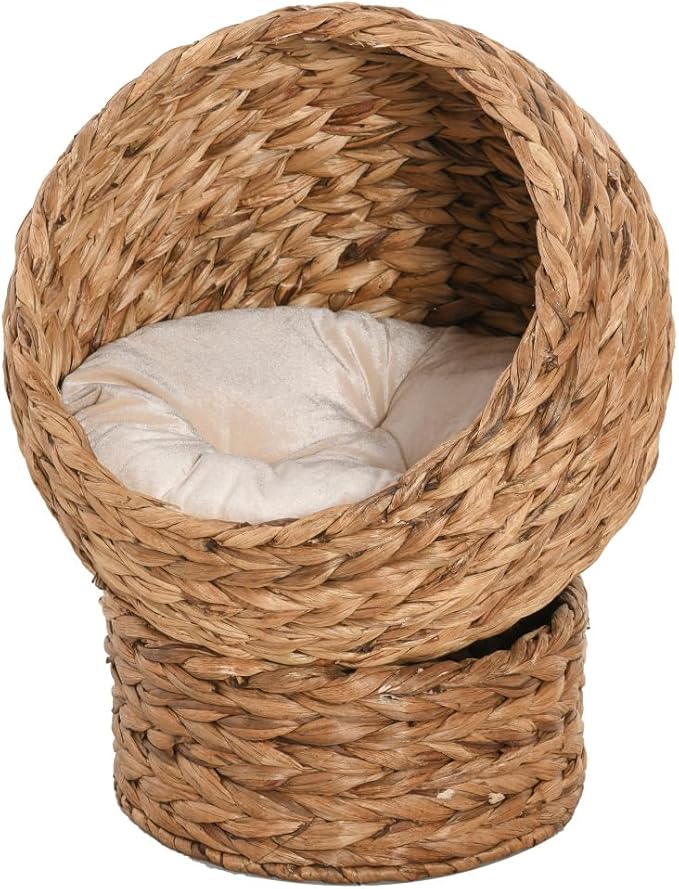 Merax Handwoven Wicker Cat Bed - Elevated Egg Chair Design with Soft Cushion & Stand, Raised Basket Bed for Indoor Cats, 23.5 Inch Height, Supports Up to 8 Lbs