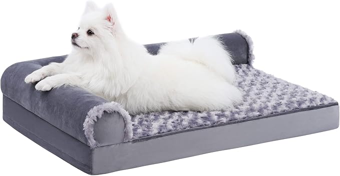 MIHIKK Orthopedic Dog Couch Bed Deluxe Plush L-Shaped with Waterproof Lining Bolster Dog Sleeping Sofa with Removable Washable Cover & Nonskid Bottom Pet Bed for Small Dogs, Gray