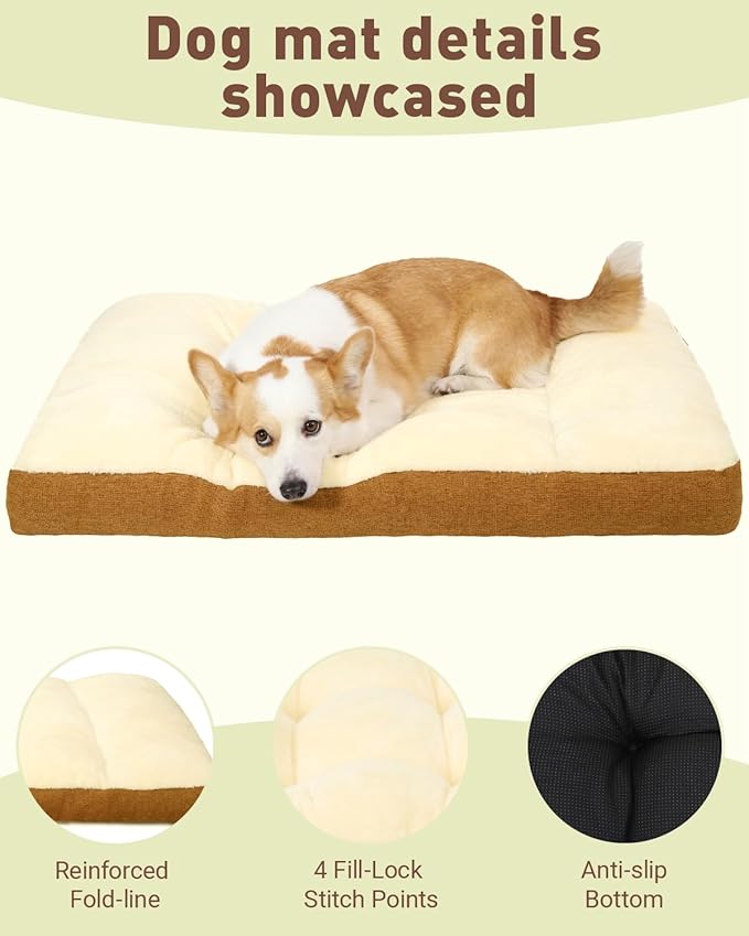 Washable Dog Bed for Extra Large Dogs, XXL Crate Bed Plush Pet Kennel Pad with Non-Slip Bottom, Pet Sleeping Mat, 47x29 Inch, Khaki