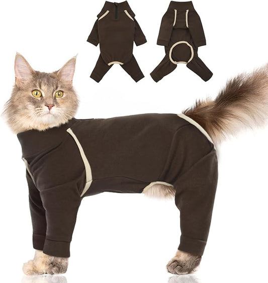 Cat Pajamas - Coffee, L - Prevents Hair Loss, Sticky Hair Clothes, Sphynx Clothes, Anti-Licking or Skin Disease Recovery Suit for Female Cats, Pet Apparel Onesie