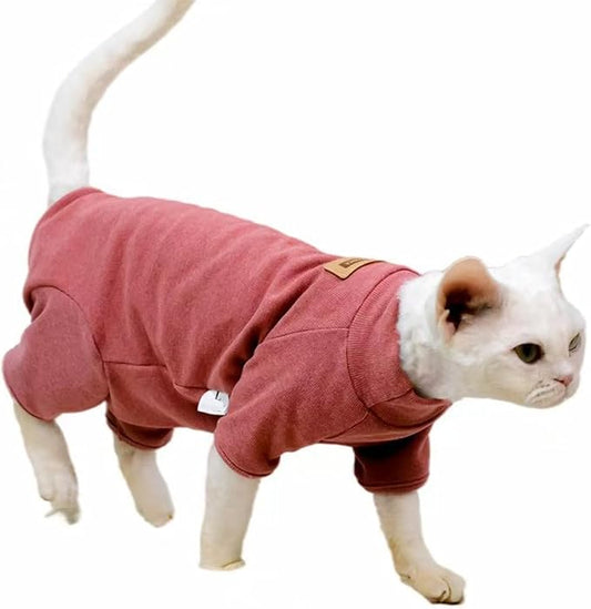 Sphynx Cat Sweater –Hairless Cats Shirt Pullover Kitten T-Shirts with Belly-Wrap Protection, Soft-Stretch Winter Clothes for Hairless Cats, Indoor Kitten Apparel (Red, Large)