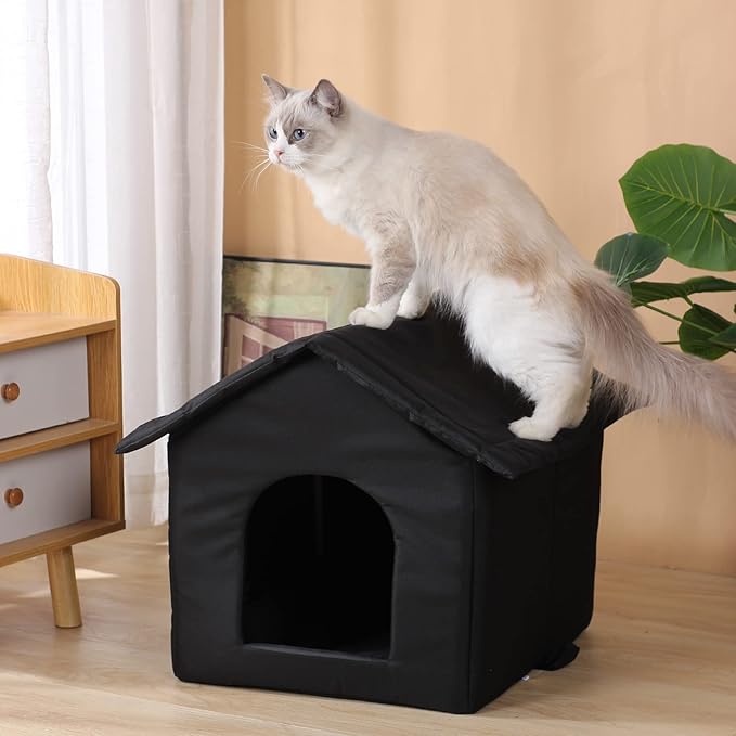 Cat Houses for Outdoor Cats, Weatherproof Outdoor House for Feral Cats, Warm Stable Stray Cats Shelter in Winter Black Medium