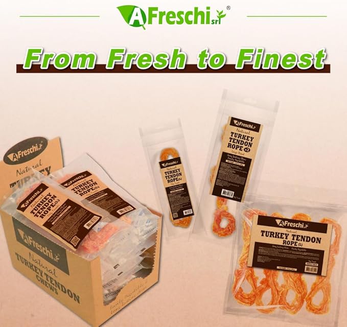 AFreschi Natural Turkey Tendon Rope (L) 10 Units/Box, Dog Treats for Signature Series, All Natural Human Grade Puppy Chew, USA-Sourced Turkey Tendon, Hypoallergenic, Rawhide Alternative