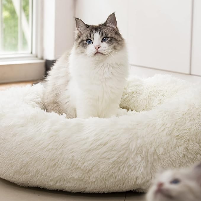 Anti Anxiety Round Fluffy Plush Faux Fur Warm Washable Dog Bed & Cat Bed, Original Bed for Small Medium Large Pets,Used to Relieve Joints and Improve Sleep（20"/24"/27''） (24", White)