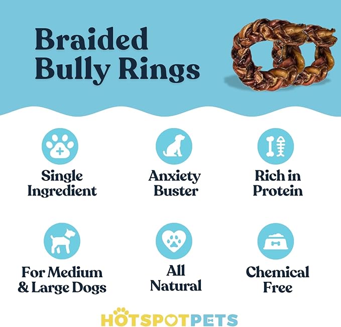 hotspot pets Braided Bully Stick Rings for Dogs - (3 Pack) Premium All Natural Long Twisted Beef Pizzle Dog Chew Treats - Grain Free Fully Digestible Rawhide Alternative Bones
