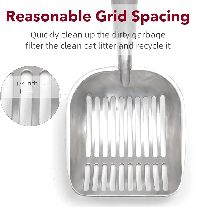 Cat Litter Scoop, Kitty Metal Scooper, Aluminum Alloy Sifter, Kitten Pooper Lifter, Deep Shovel, Long Handle, Poop Sifting, Durable, Heavy Duty, for Litter Box